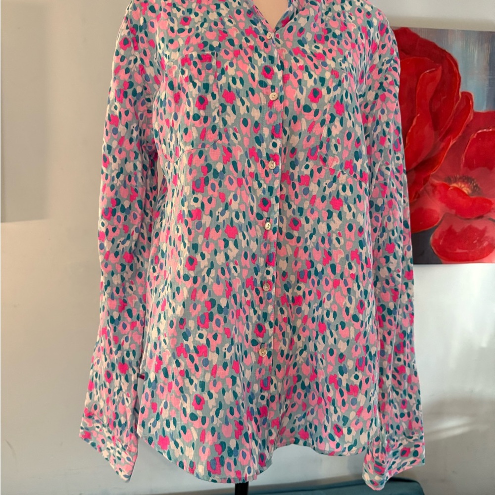Lilly Pulitzer Sea View 100% Linen Shirt Blouse Top  - L Large